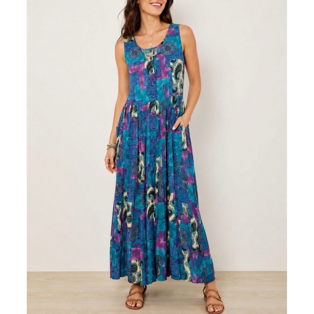 Bila Vintage Style Paisley Patchwork Rayon Maxi Dress Teal Purple Small